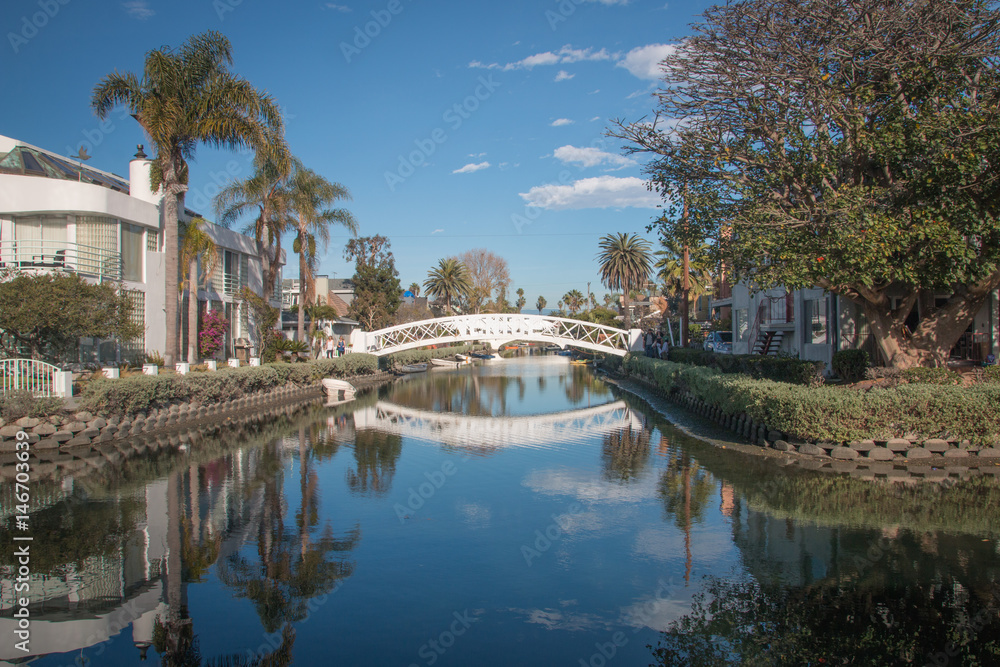 LITTLE VENICE, CALIFORNIA, USA - JANUARY 2017. Houses and bridge at Venice Canal Historic District.