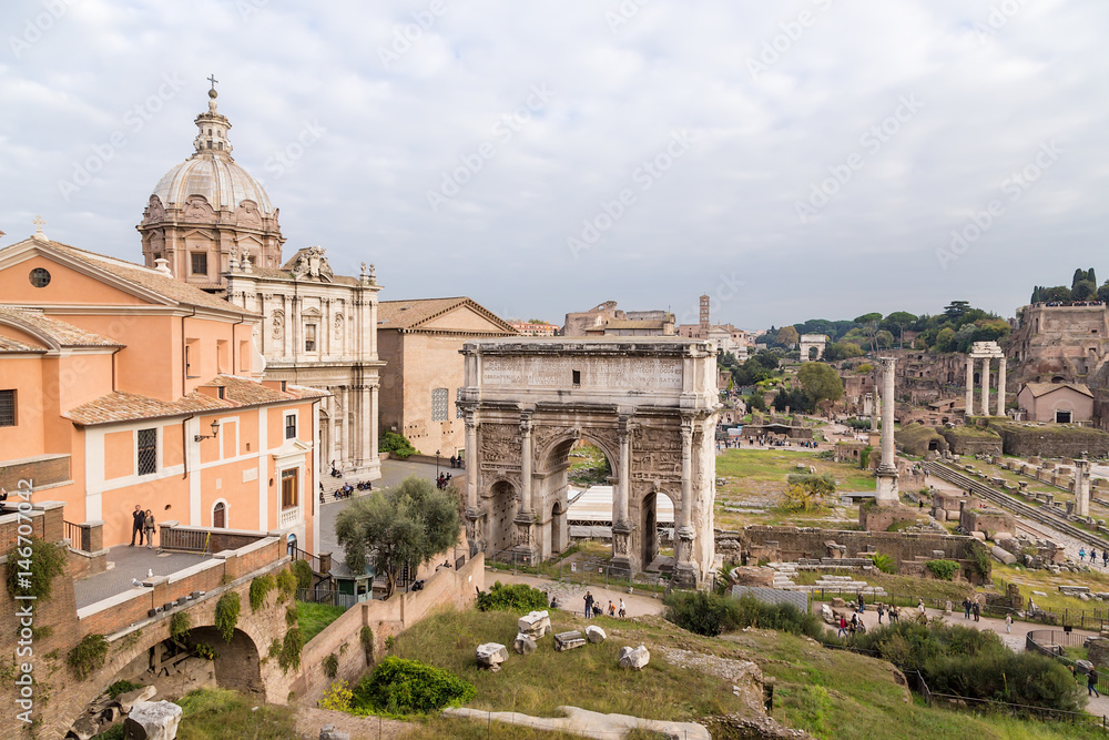 Rome, Italy. View from the side of Capitol Hill to the ruins of the Roman Forum