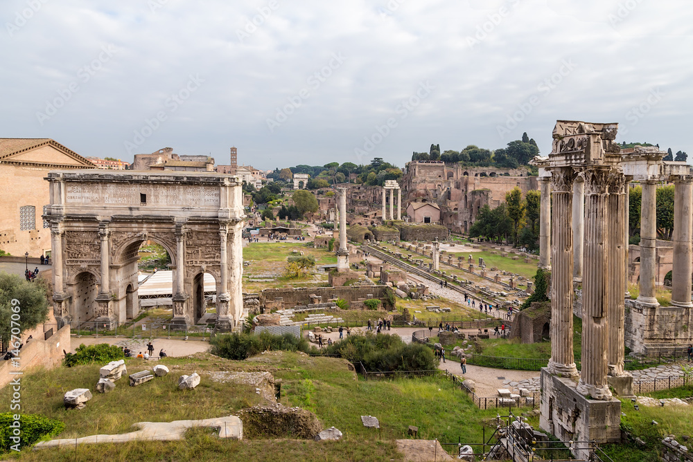 Rome, Italy. Ruins of the Roman Forum, view from the side of Capitol Hill