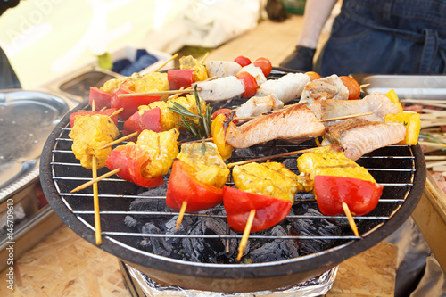 Skewers of fish with vegetables