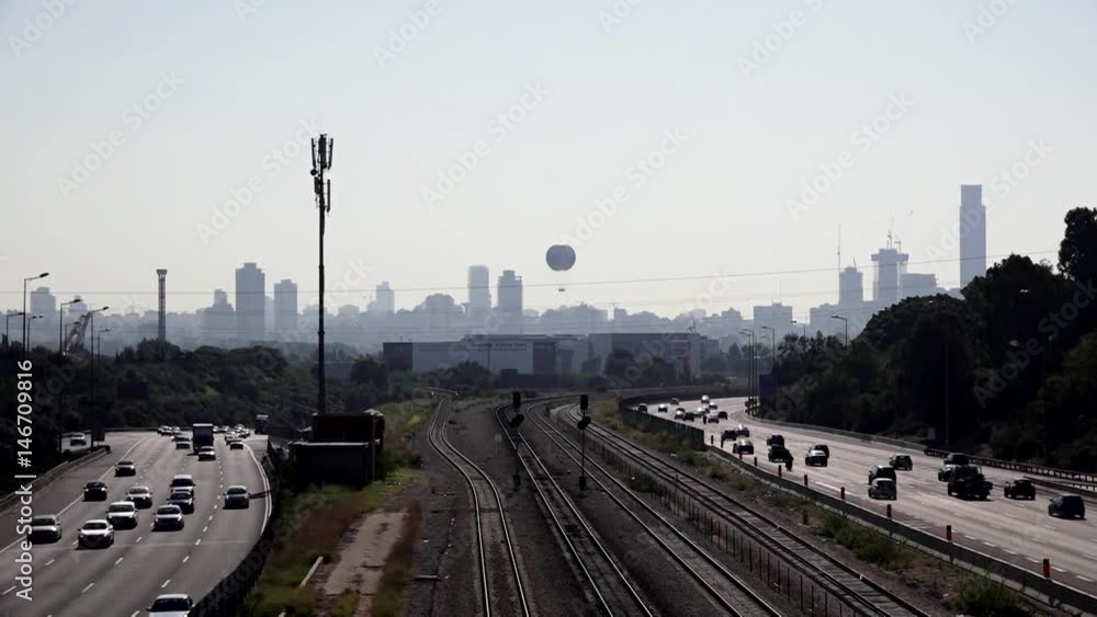 Airship over the city. Railway. Route: entry and exit from Tel Aviv. Airship over the city. Railway. Route: entry and exit from Tel Aviv.