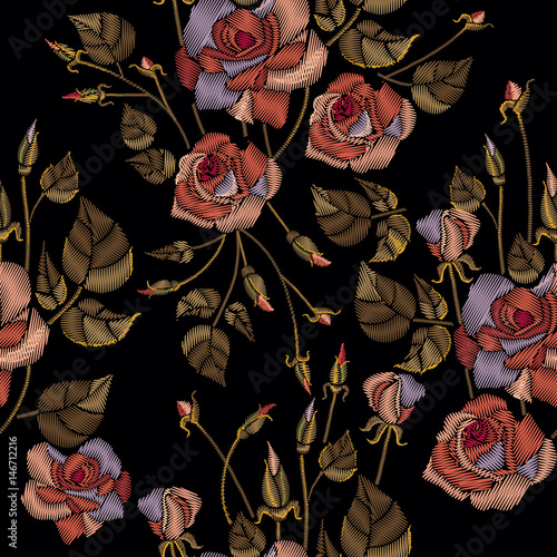 Classic embroidery  beautiful roses flowers hand drawn pattern vector. Roses embroidery seamless pattern on black background. Template for fashion clothes  t-shirt design