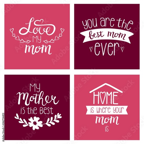 Vector set of greeting cards. Happy mother's day. Vector lettering on pink background