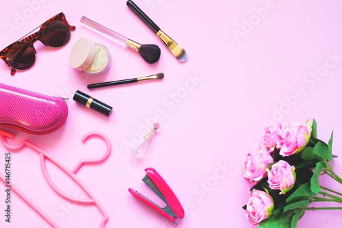 Fototapeta Naklejka Na Ścianę i Meble -  Woman accessories and make up set in pink collection, Flat lay of spring fashion