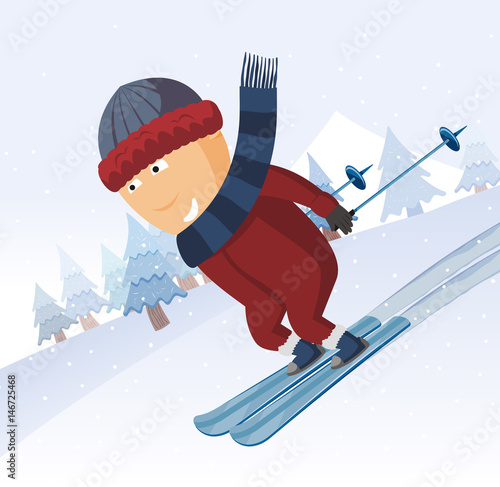 Skiing holiday in the mountains. Recreation. Cartoon funny vector illustration.