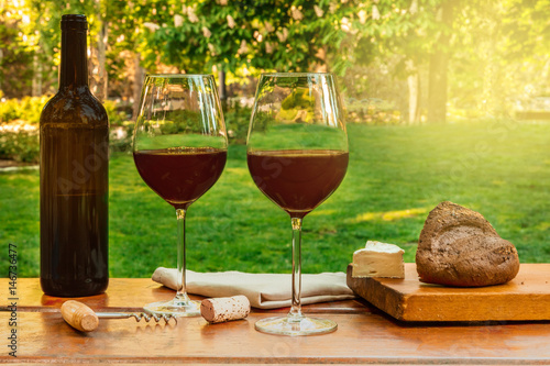 Fototapeta Naklejka Na Ścianę i Meble -  Two glasses of red wine at picnic with copyspace