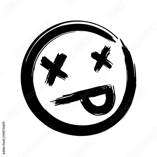 Hand drawn dead emoji, ink brush dead emoticon smiley icon on a white background. Vector.