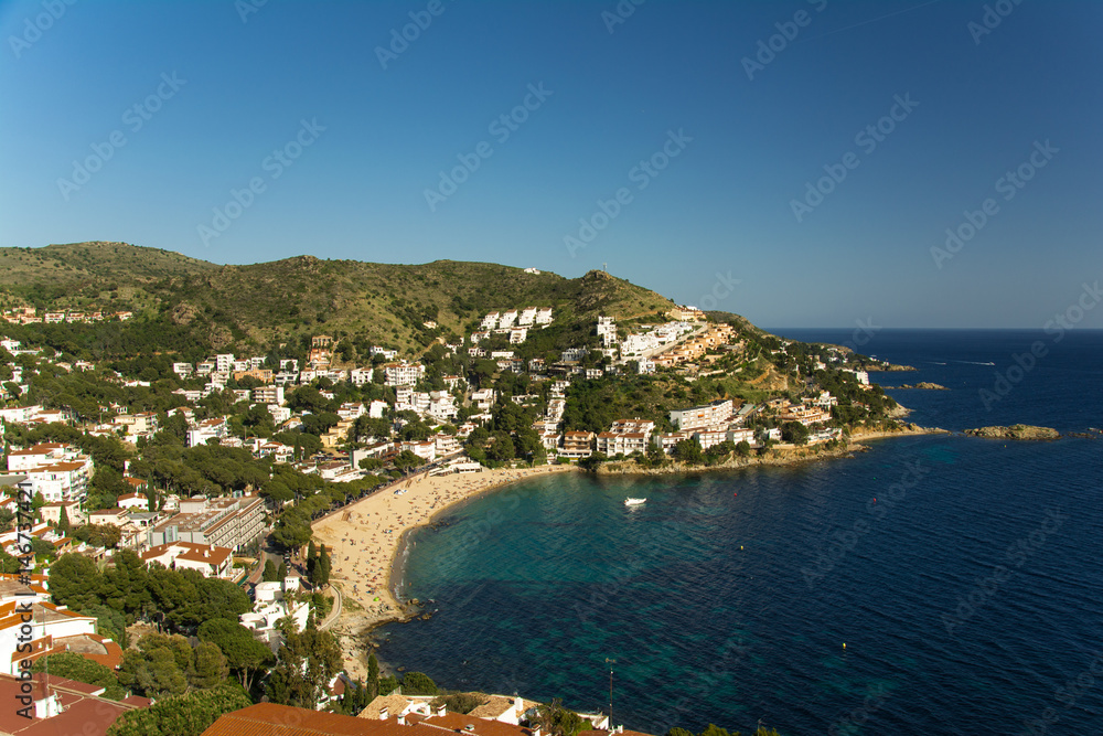 Aerial view of Canyelles beach in the city of Roses, on the Costa brava