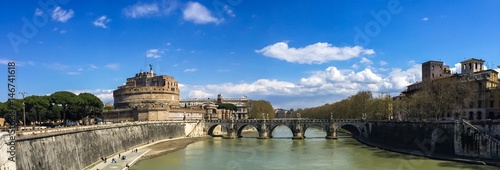 panoramic view of Castel Sant'angelo and its bridge over river Tiber in Rome, Italy