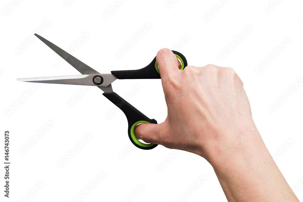 Hand of woman with scissors isolated on white background Hand of woman with scissors isolated on white background
