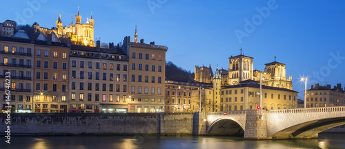 Lyon with Saone river at night