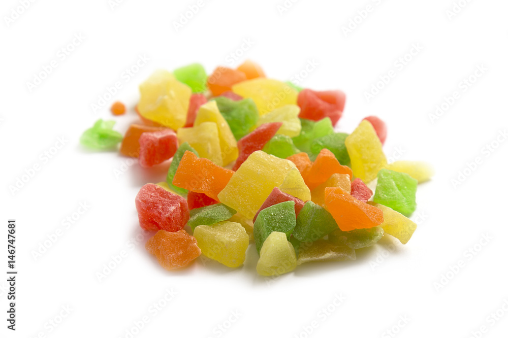 bunch of colorful candied fruits isolated on white background. dry fruits bunch of colorful candied fruits isolated on white background. dry fruits