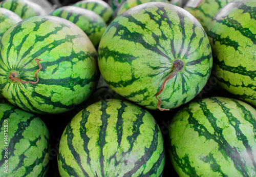 Background of many big sweet green watermelons