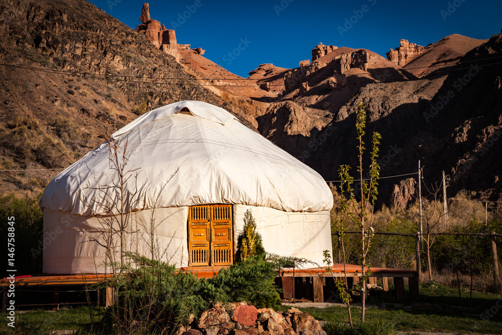 Kazakh yurt on the Silk Way in Kazakhstan mountains