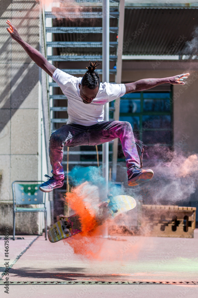 Skating Skater Skateboard with Holi Powder Skating Skater Skateboard with Holi Powder