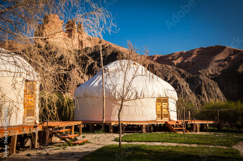 Kazakh yurt on the Silk Way in Kazakhstan mountains