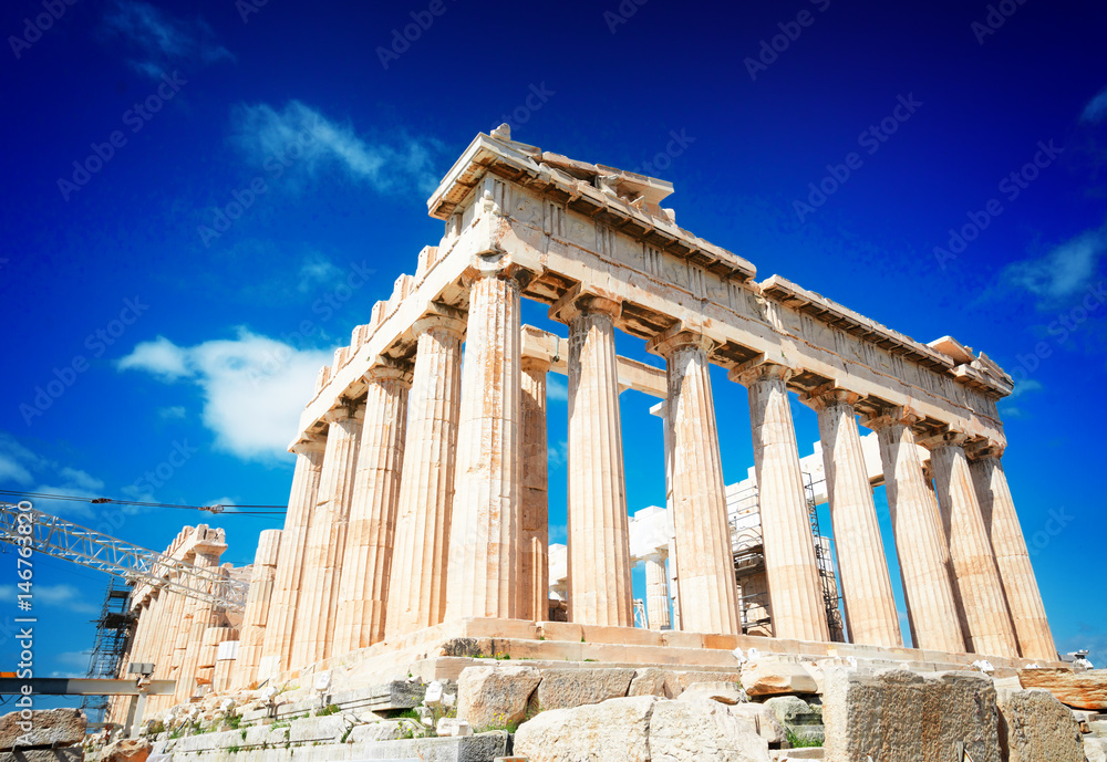 Parthenon temple over bright blue sky background, Acropolis hill, Athens Greecer, retro toned