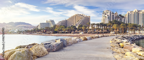 Panoramic view on central public beach of Eilat - the southernmost port and f...