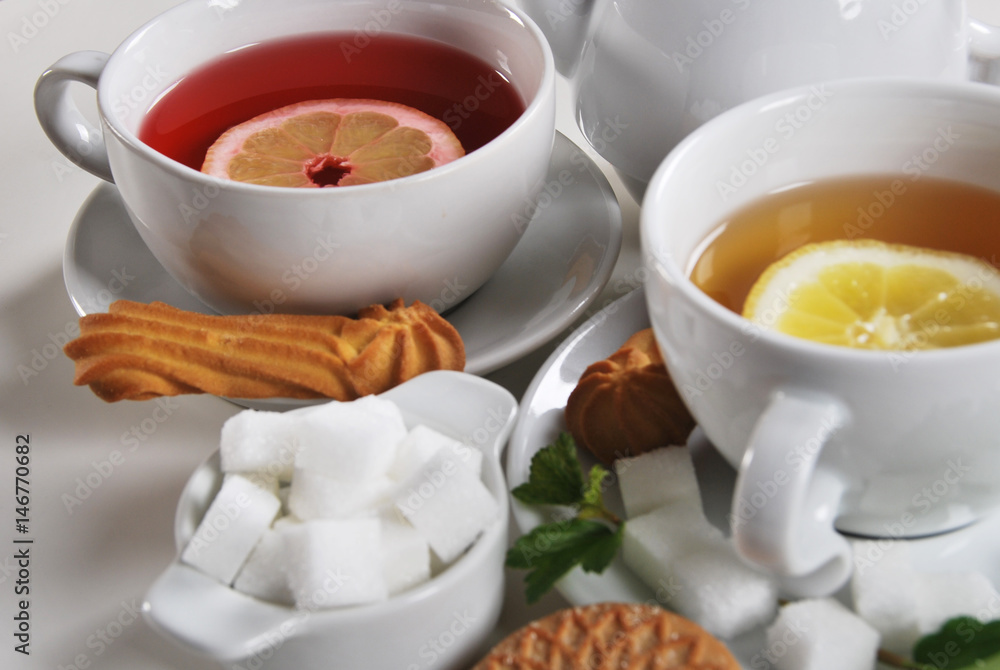 Two tea for breakfast with homemade cookies Two tea for breakfast with homemade cookies