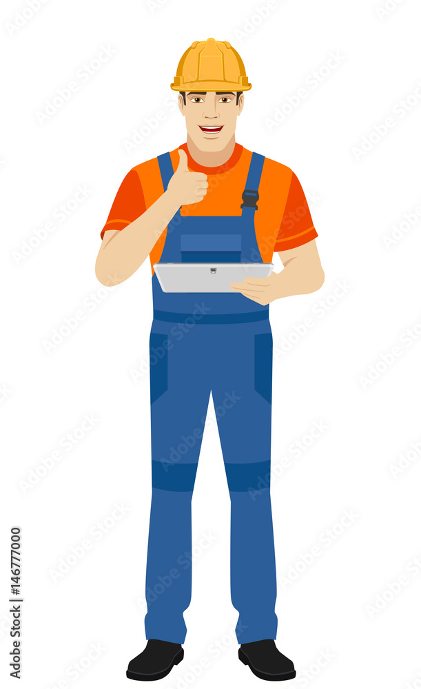 Builder holding digital tablet and showing thumb up Builder holding digital tablet and showing thumb up