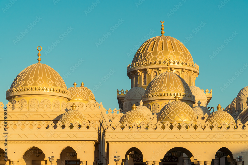 Beautiful architecture of Mosque in Hurghada at sunset, Egypt