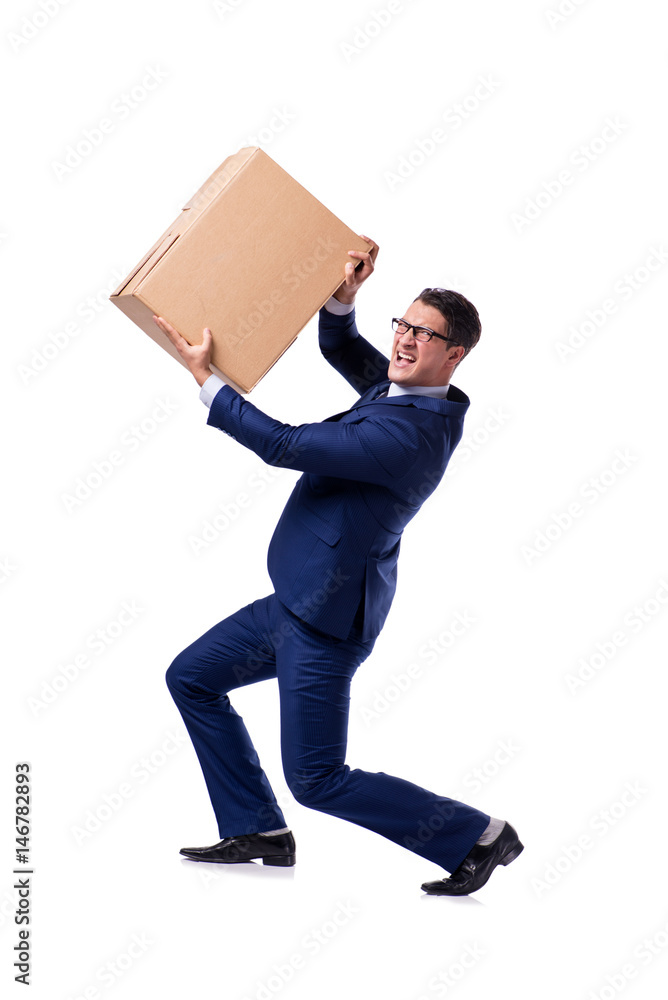 Businessman lifting box isolated on white Businessman lifting box isolated on white