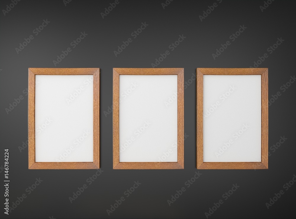 Interior empty room with three empty wooden picture frames on dark wall. Mock-up template for display, products, title or logo. Studio or blank office space. 3d illustration Interior empty room with three empty wooden picture frames on dark wall. Mock-up template for display, products, title or logo. Studio or blank office space. 3d illustration