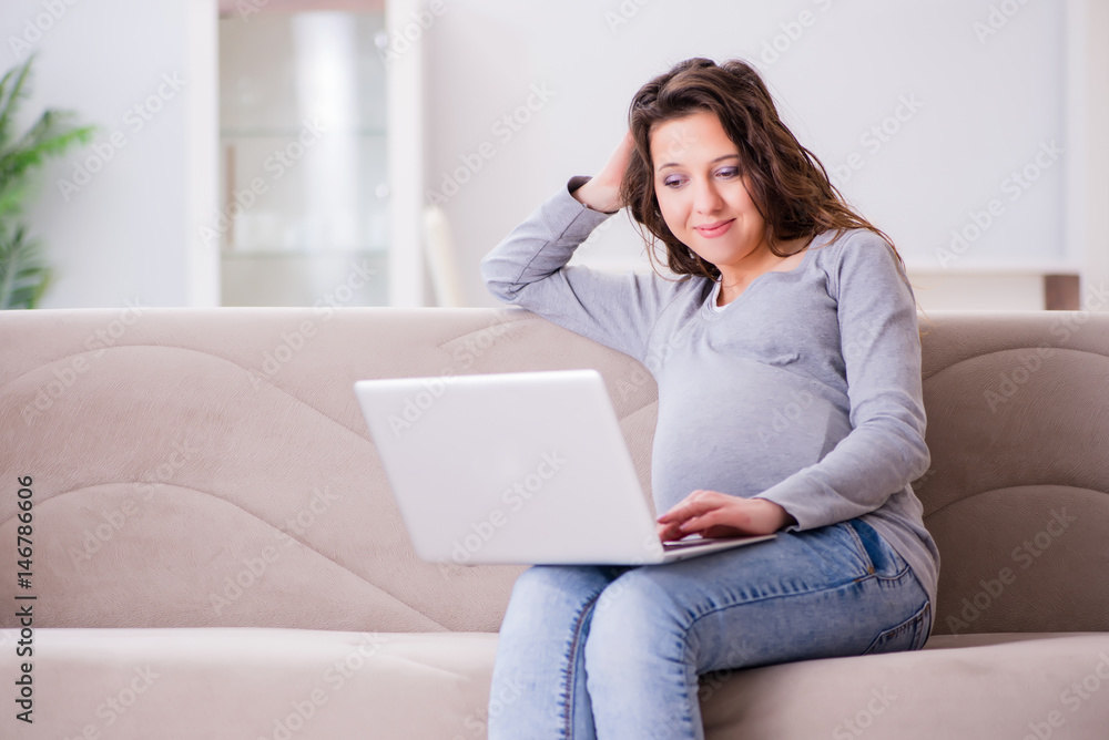 Pregnant woman working on laptop sitting on sofa Pregnant woman working on laptop sitting on sofa