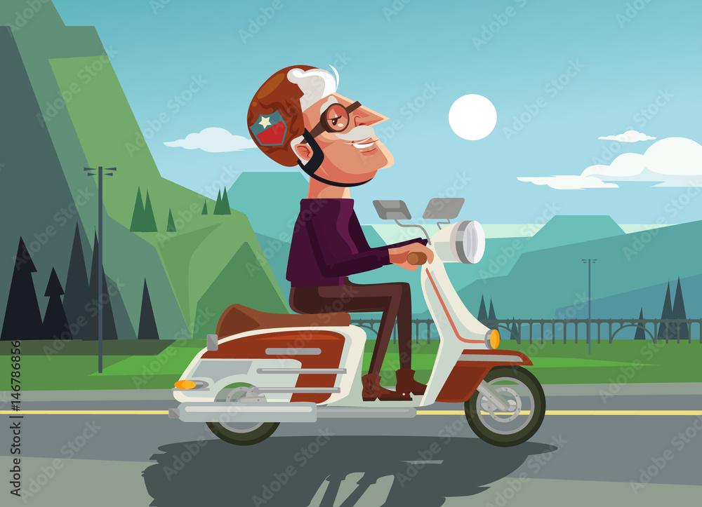 Vecteur Stock Happy smiling old man character drive scooter. Vector flat  cartoon illustration | Adobe Stock