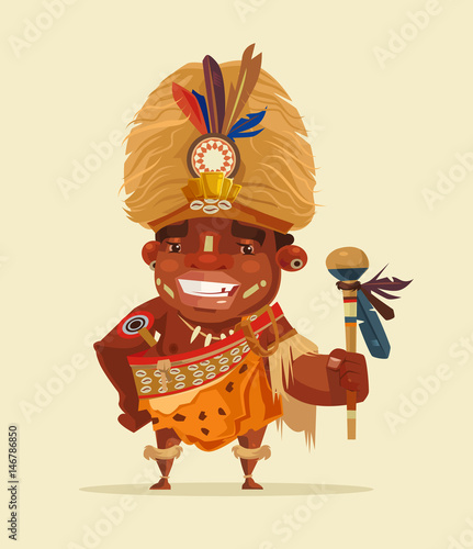 Happy smiling African voodoo shaman. Vector flat cartoon illustration