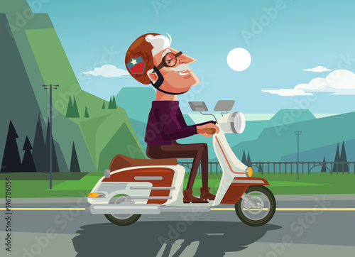 Happy smiling old man character drive scooter. Vector flat cartoon illustration