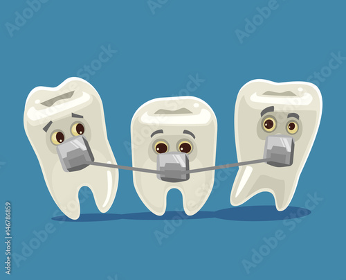Bracket systems. Funny teeth characters. Vector flat cartoon illustration