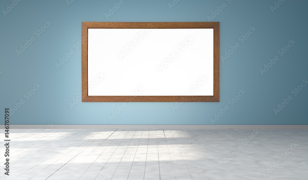 Interior empty room with large empty picture frame on blue wall. Mock-up  template for display, products, title or logo. Studio or blank office  space. 3d illustration Stock Illustration | Adobe Stock