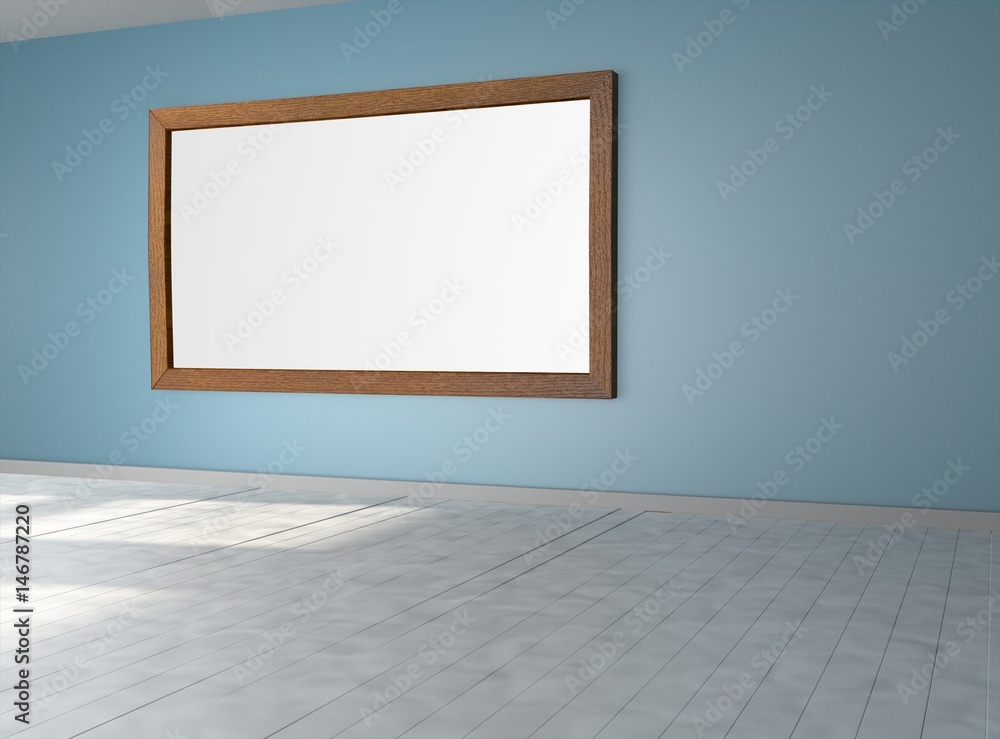 Interior empty room with large empty picture frame on blue wall. Mock ...