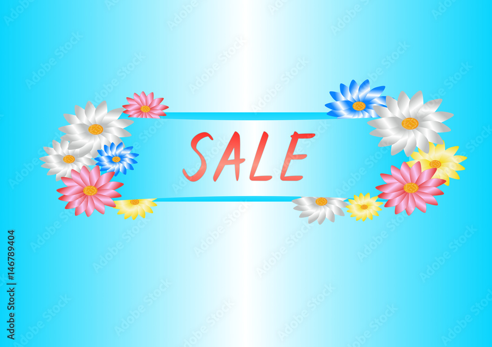 Sale text with flowers on blue background