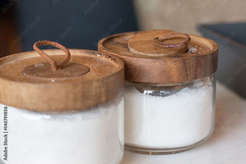 white sugar in glass bottle, coffee shop white sugar in glass bottle, coffee shop