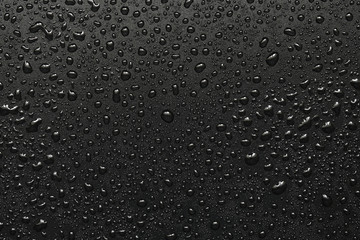 Drops of water on a black surface. The condensate. Top view. Free space.