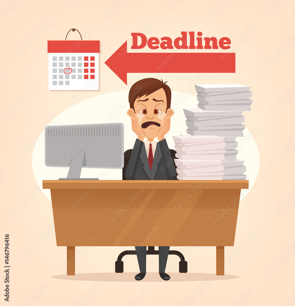 Sad unhappy office worker man crying. Project deadline. Vector flat cartoon illustration Sad unhappy office worker man crying. Project deadline. Vector flat cartoon illustration