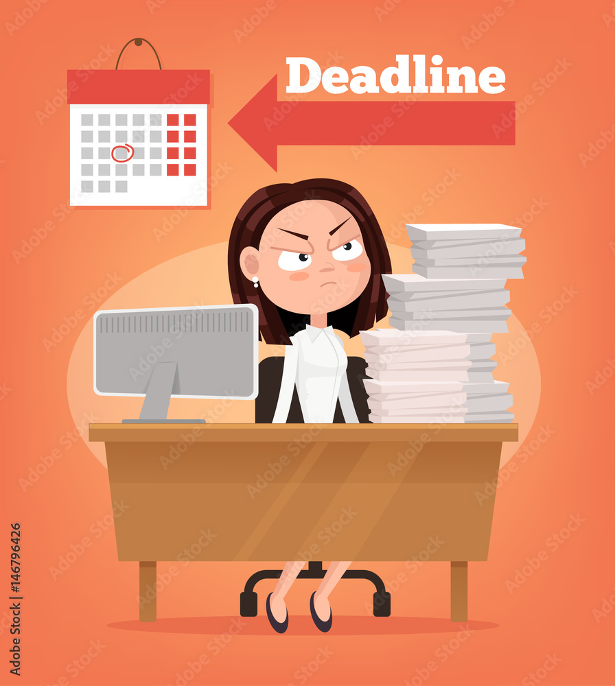 Sad unhappy angry office worker woman thinking. Deadline concept. Vector  flat cartoon illustration Stock Vector | Adobe Stock