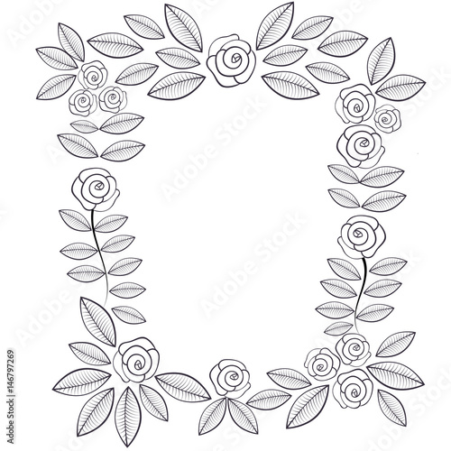 Frame with doodle roses and leaves. Vector illustration.