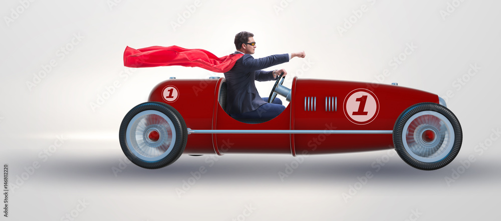 Naklejka premium Superhero businessman driving vintage roadster