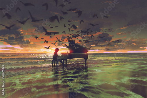 cyfrowa sztuka człowieka grającego na pianinie wśród tłumu ptaków na plaży o zachodzie słońca, malowanie ilustracji