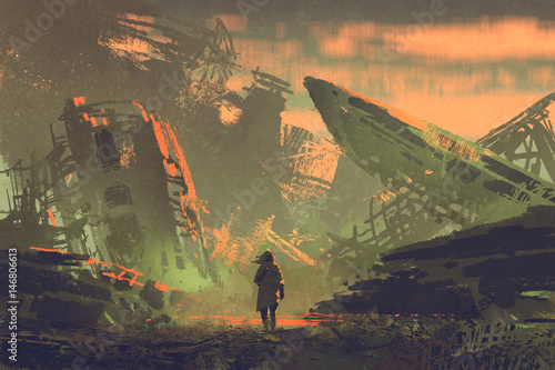 scene of the man walking out from ruined planes at sunset with digital art style, illustration painting photo