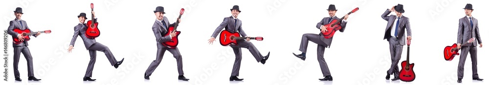 Naklejka premium Businessman quitar player isolated on white