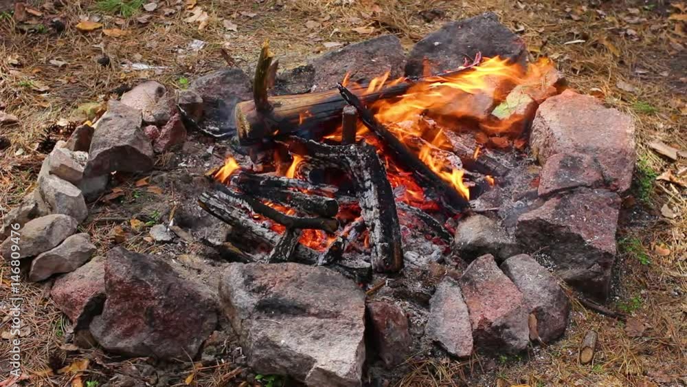 Closeup of beautiful burning fire in campfire outside. Real time full hd video footage.