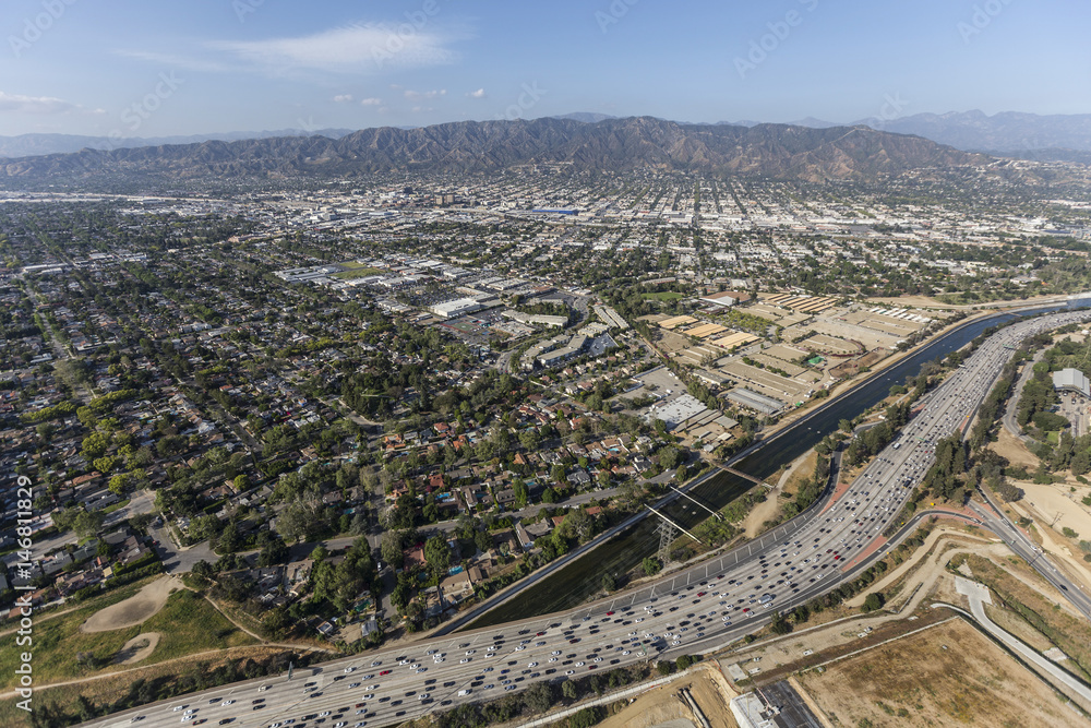Aerial view of the Ventura 134 freeway, Los Angeles River and the San Fernando Valley in Southern California.  