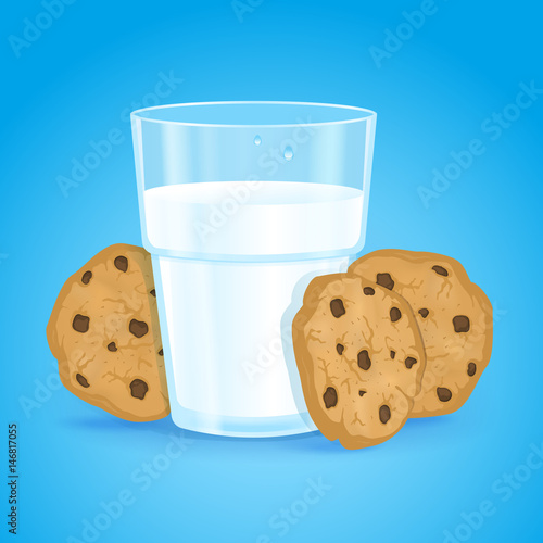 Realistic glass with milk and cookies with chocolate chips on a blue background. Fresh delicious vitamin and healthy breakfast for children and adults. Oatmeal baking. Protein cocktail. Vector.