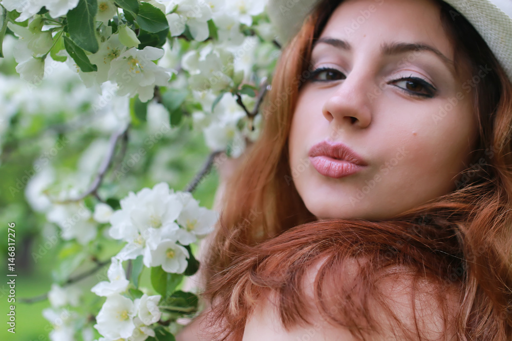 girl in apple garden flower