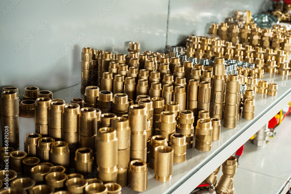 Plumbing equipment chrome and brass valves tees elbows