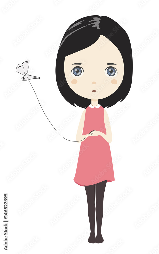 Cute girl with pet butterfly on a string vector illustration Cute girl with pet butterfly on a string vector illustration